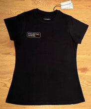 Load image into Gallery viewer, The front of the t-shirt is black, with a small FemiliPNG Australia logo printed on the top right.
